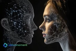 Ritratto di una donna che osserva un volto digitale composto da linee luminose, simbolo dell’Intelligenza Artificiale applicata alla finanza moderna.