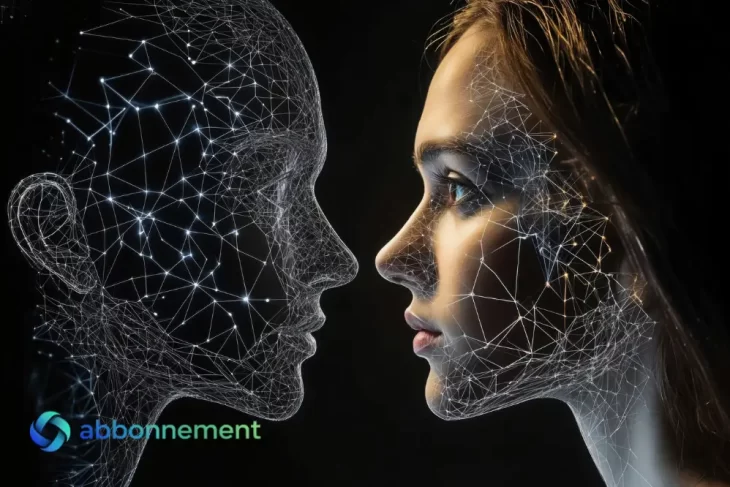 Ritratto di una donna che osserva un volto digitale composto da linee luminose, simbolo dell’Intelligenza Artificiale applicata alla finanza moderna.