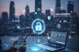 Grafica digitale che illustra il concetto di open banking tramite un lucchetto aperto e una rete di connessioni sicure tra dispositivi e servizi finanziari.
