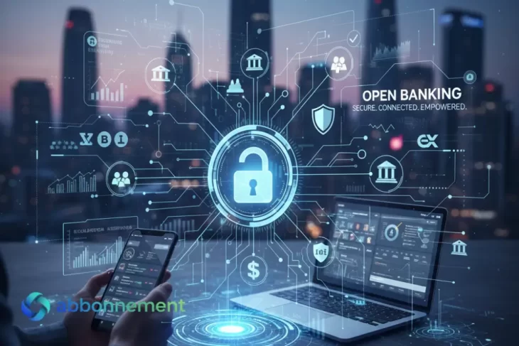 Grafica digitale che illustra il concetto di open banking tramite un lucchetto aperto e una rete di connessioni sicure tra dispositivi e servizi finanziari.