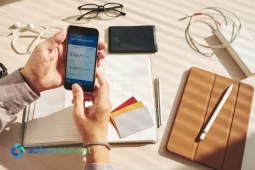Persona che controlla il Conto Corrente Online dallo smartphone, con carte e taccuino su una scrivania.