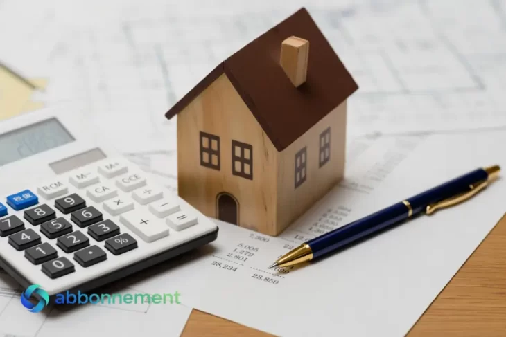 Modello di casa con calcolatrice e documenti, simbolo del Costo della Vita e del budget familiare.