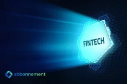 Illustrazione digitale con la parola fintech Italia su sfondo blu tecnologico.