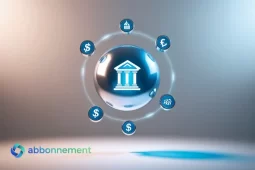 Sfera blu con simbolo bancario circondata da icone valutarie, rappresentazione visiva delle neobank italiane e dei loro servizi digitali.