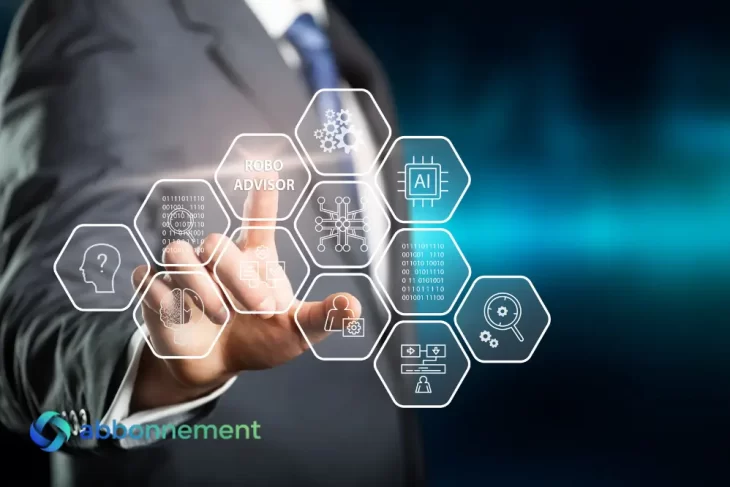 Uomo in giacca che tocca icone digitali dedicate a un robo-advisor, simbolo della gestione automatizzata degli investimenti.