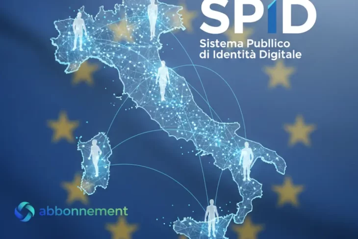 Logo SPID su mappa digitale dell'Italia che rappresenta il sistema di identità digitale connessa