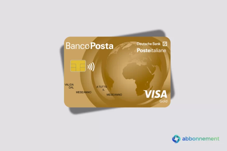 Carta Bancoposta Oro color oro con grafica del mappamondo, chip integrato e logo Visa Gold in evidenza.