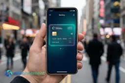 Smartphone che mostra carte virtuali in un’app di banking in mezzo alla strada.