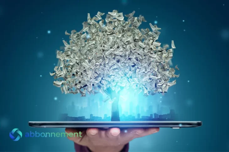 Albero di banconote che cresce da un tablet, simbolo di rendita passiva digitale.