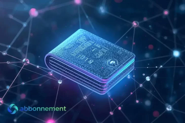 Billetera virtual digital con chip flotando en una red de conexiones, imagen que representa pagos desde el celular y seguridad.
