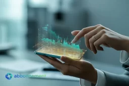Mano usando un celular con gráficos digitales, ejemplo de fintech para controlar pagos y finanzas.