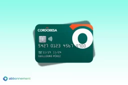 Tarjeta Cordobesa Internacional verde con chip, ícono contactless y diseño característico en blanco y naranja.