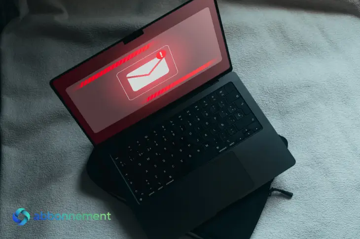 Truffa finto inps, laptop visto dall’alto con un’icona di email rossa sullo schermo, simbolo di messaggi truffa e phishing.