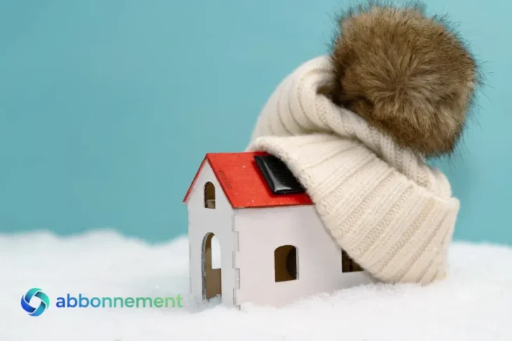Casa em miniatura coberta por gorro de lã sobre a neve, representando como combater o frio em casa com soluções simples e econômicas.