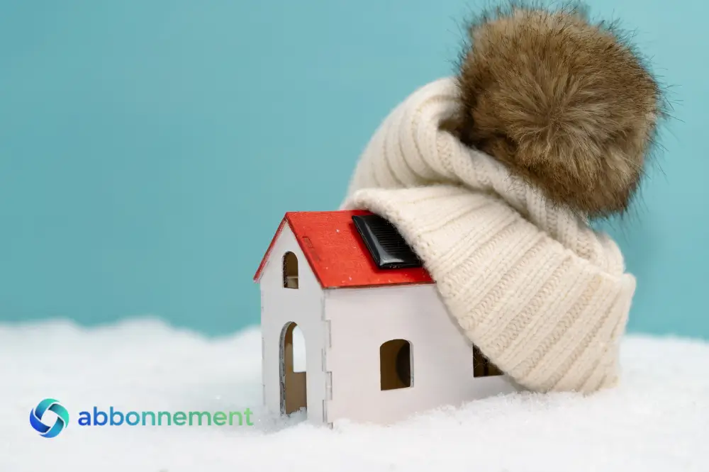 Casa em miniatura coberta por gorro de lã sobre a neve, representando como combater o frio em casa com soluções simples e econômicas.